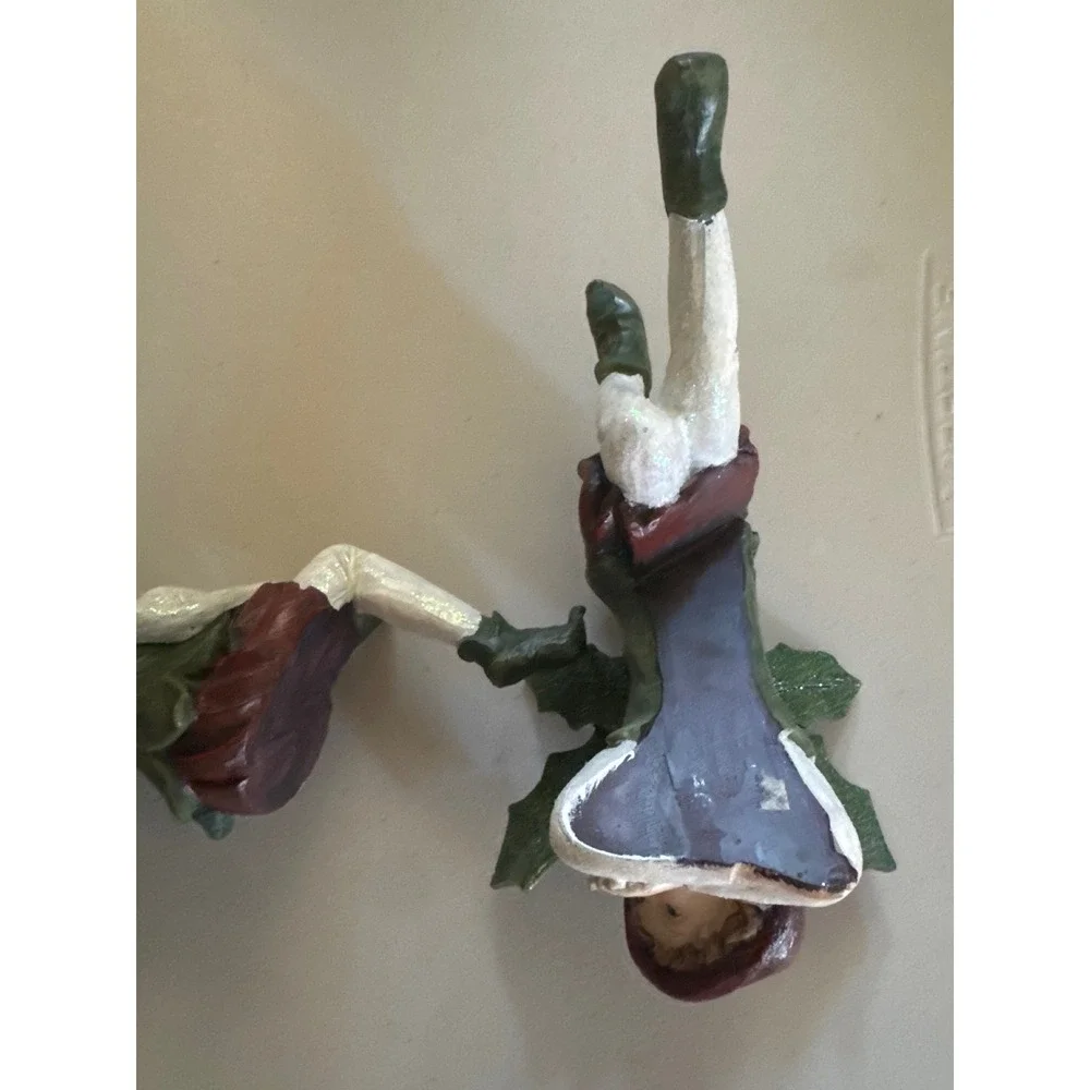 Christmas Elf Shelf Sitters Holly Leaf Wings Glitter Resin Figurines Set of 2